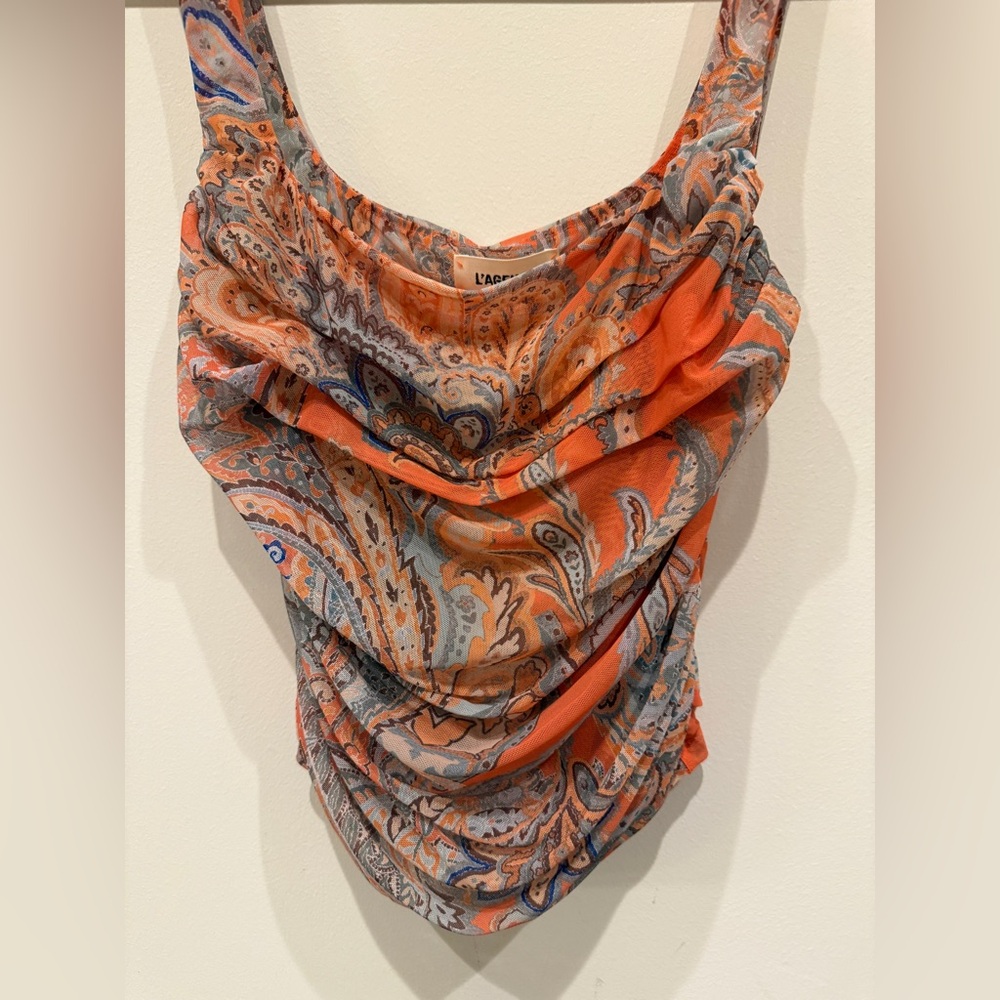L'Agence Rasha Shirred Paisley Tank Top, Size S